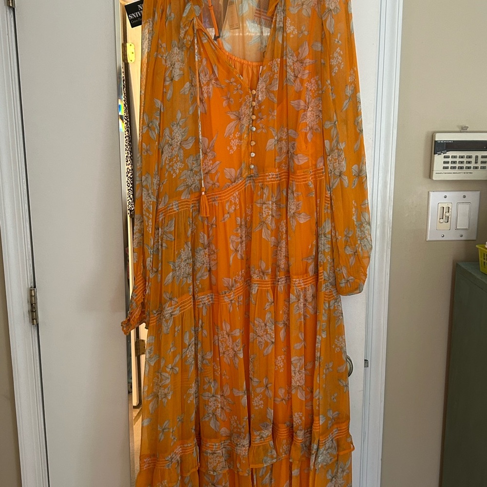 Anthropologie Orange Floral Long Sleeve Dress